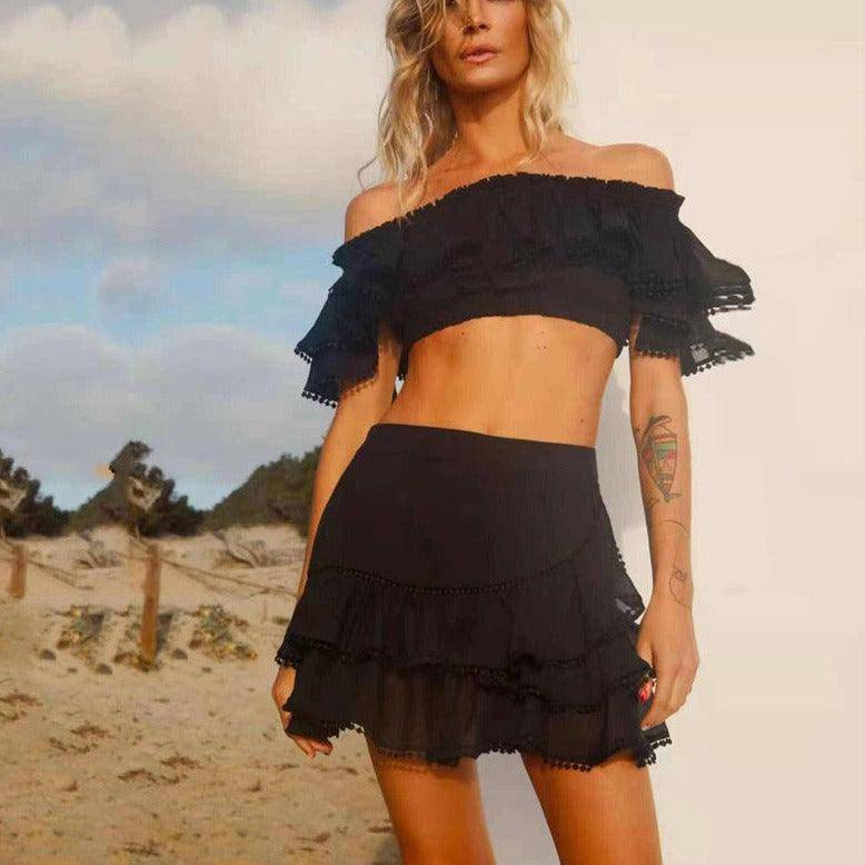 Remi Shirred Off Shoulder Crop Top & Ruffle Skirt Set