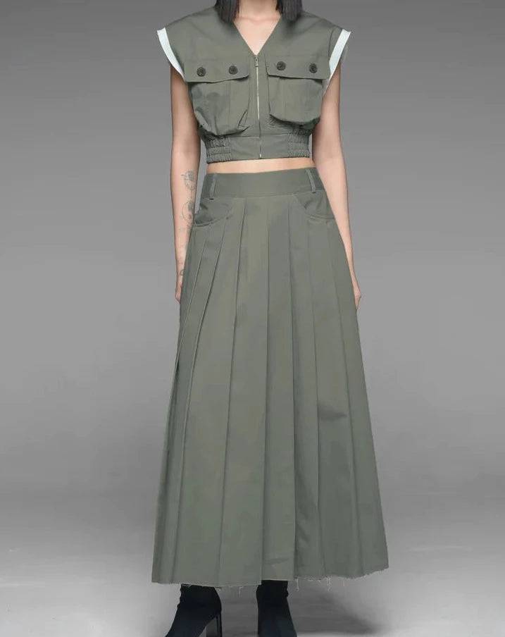 Samira Elasticized Hem Vest & Pleated Skirt Set
