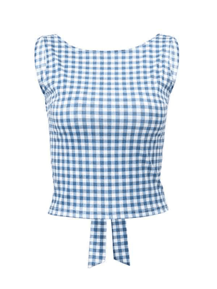 Houndstooth Print Bow Decor Slim Tank Top