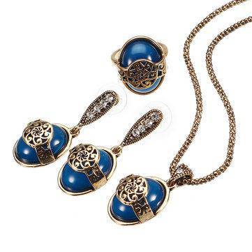 Michelle Vintage Blue Stone Ring Retro Earrings & Necklace Set