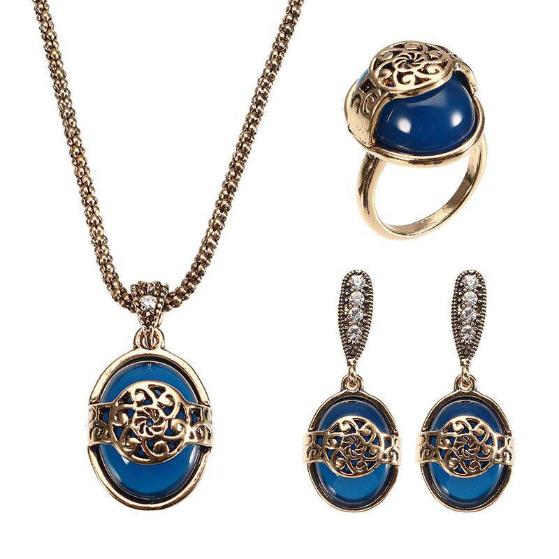 Michelle Vintage Blue Stone Ring Retro Earrings & Necklace Set