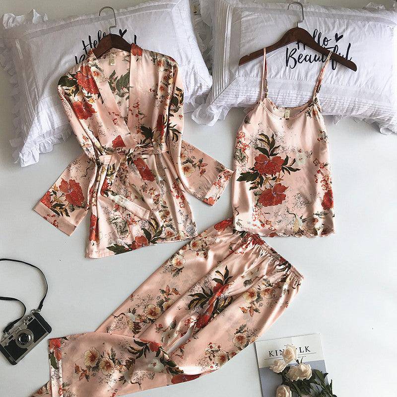 Kianna Floral Cami Top & Pants With Robe 3-piece Set