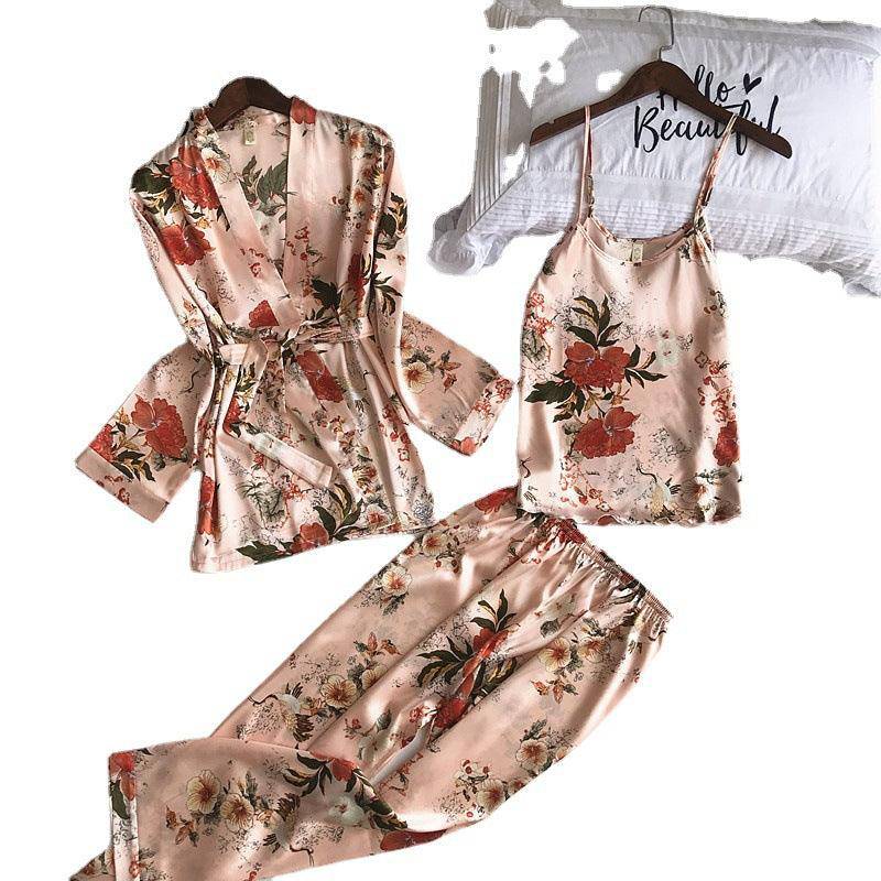 Kianna Floral Cami Top & Pants With Robe 3-piece Set