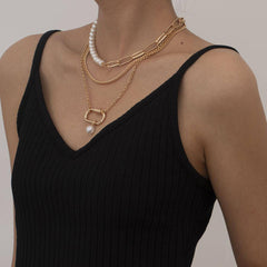 Genevieve 3 Pieces Pearl Metal Block Necklace Set