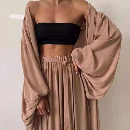 Ana Bandeau Top & Oversize Pants With Puff Sleeve Robe