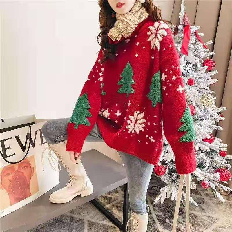 Cindy Long Sleeve Trees and Snowflakes Print Knitted Sweater