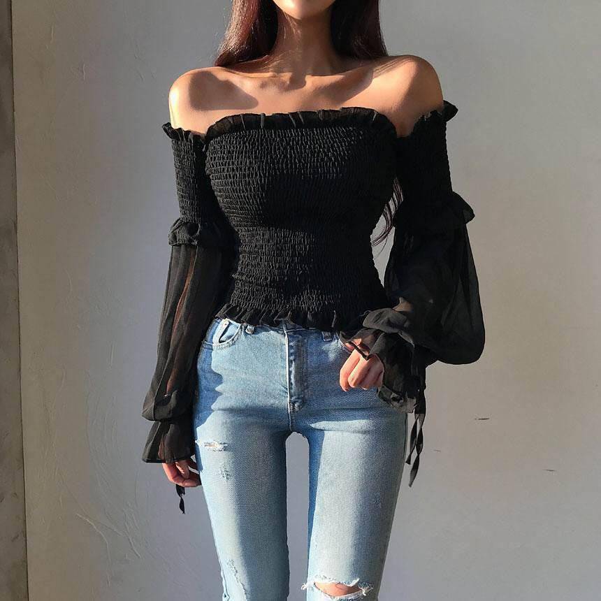 Lola Off Shoulder Solid Shirred Blouse