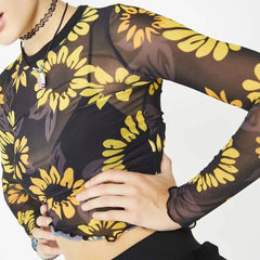 Jayda Allover Sunflower Print Sheer Crop Top