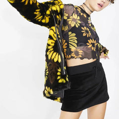 Jayda Allover Sunflower Print Sheer Crop Top