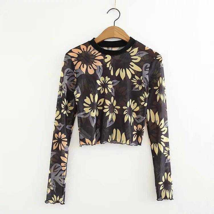 Jayda Allover Sunflower Print Sheer Crop Top