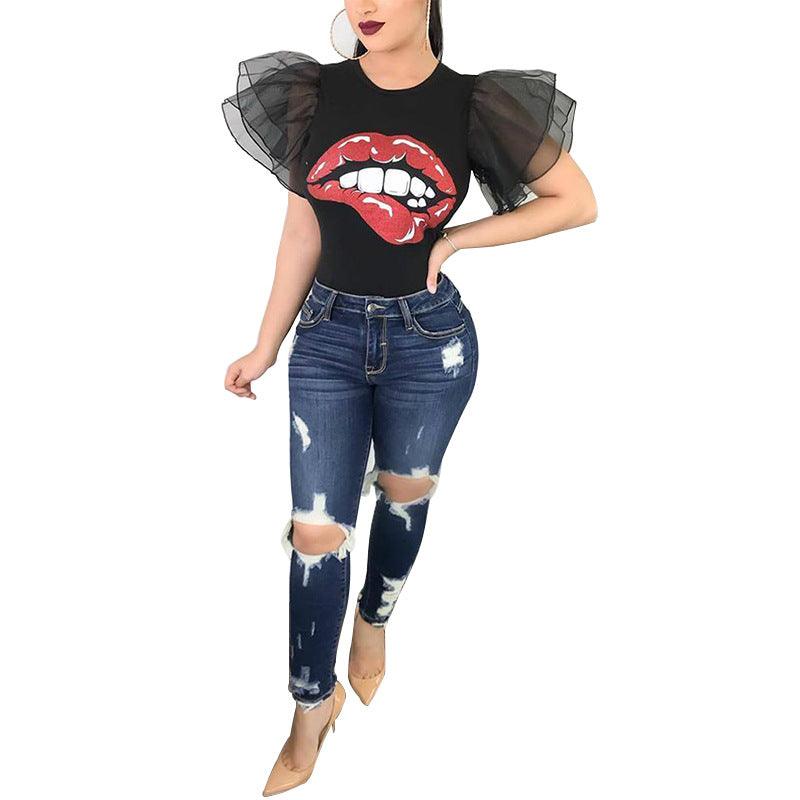 Deanna Ruffle Mesh Sleeve Printed Shirt