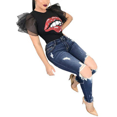 Deanna Ruffle Mesh Sleeve Printed Shirt