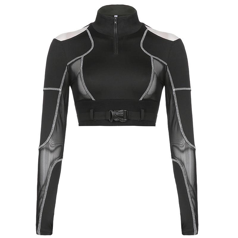 Kallie Insert Mesh Long Sleeve Buckle Crop Top