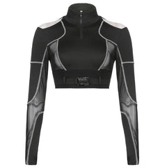 Kallie Insert Mesh Long Sleeve Buckle Crop Top