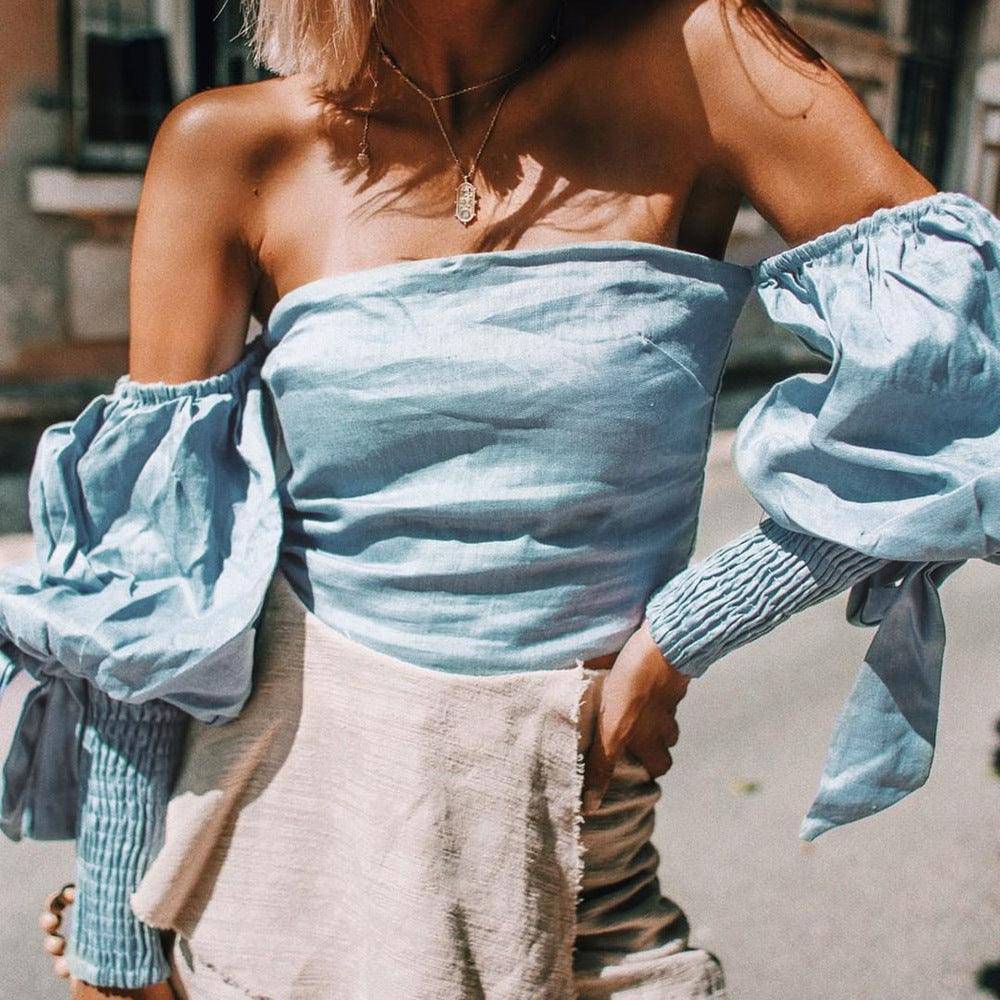 Eman Off Shoulder Shirred Bishop Sleeve Crop Top
