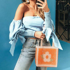 Eman Off Shoulder Shirred Bishop Sleeve Crop Top