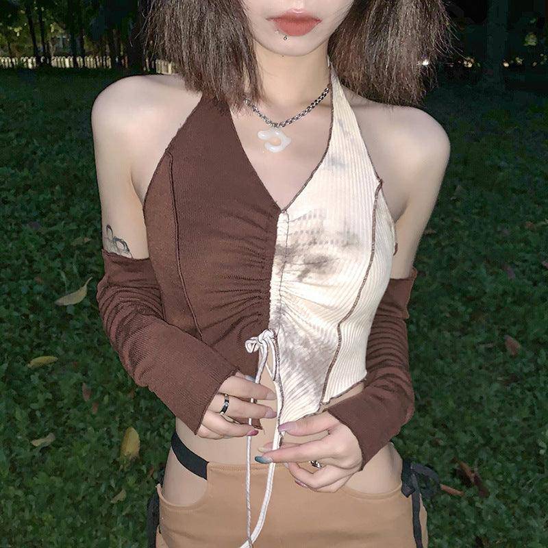 Kaelyn Halter Neck Drawstring Crop Top With Sleeves