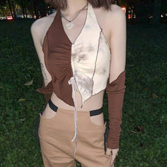 Kaelyn Halter Neck Drawstring Crop Top With Sleeves