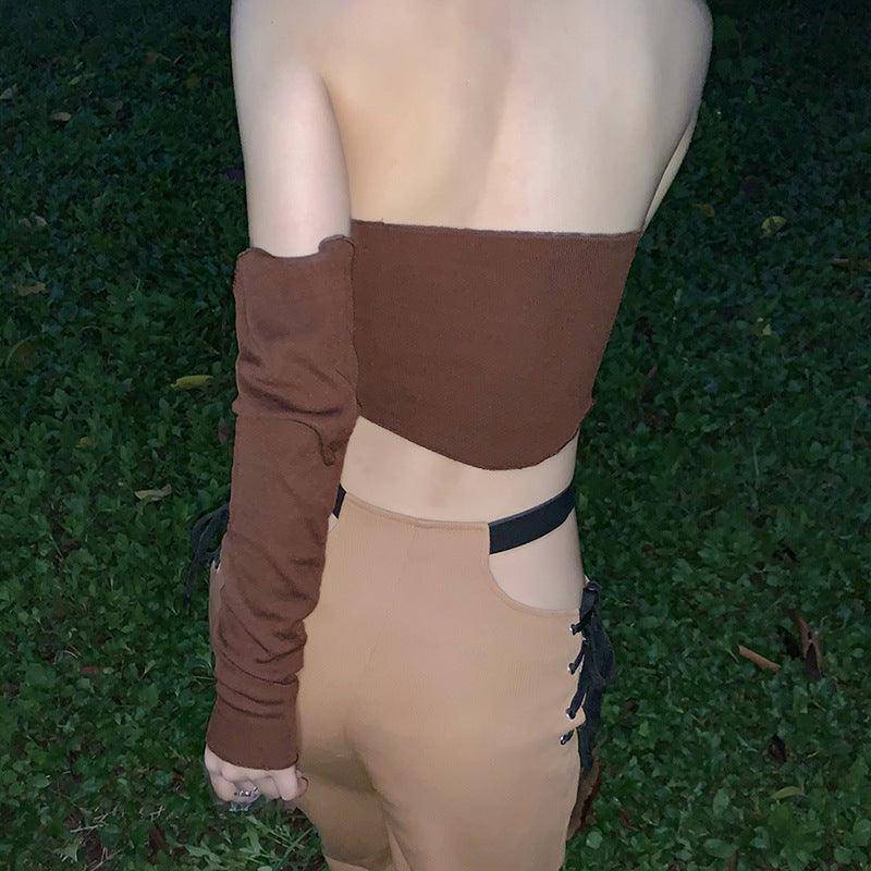 Kaelyn Halter Neck Drawstring Crop Top With Sleeves