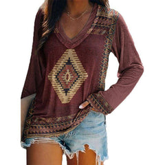 Charlotte Ethnic Print Long Sleeve V Neck Top