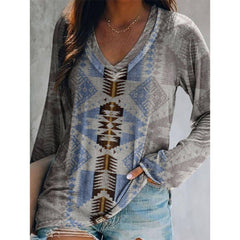 Charlotte Ethnic Print Long Sleeve V Neck Top