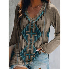 Charlotte Ethnic Print Long Sleeve V Neck Top