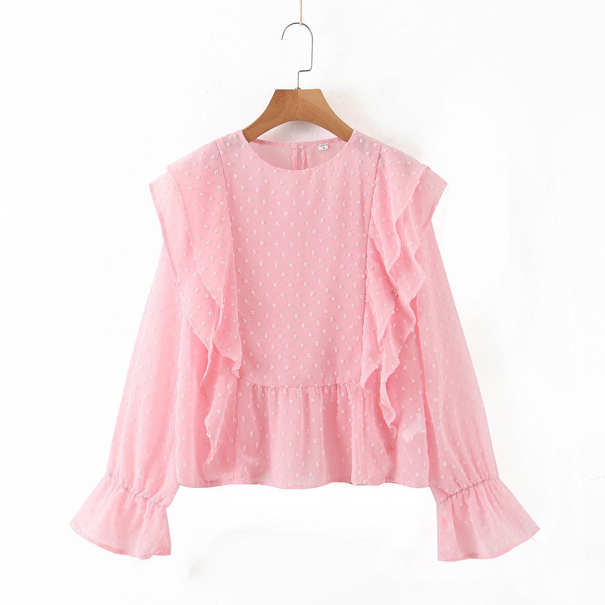 Claire Dobby Mesh Flounce Sleeves Ruffle Blouse