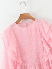 Claire Dobby Mesh Flounce Sleeves Ruffle Blouse