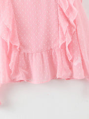 Claire Dobby Mesh Flounce Sleeves Ruffle Blouse