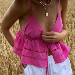 Gabriella Solid Spaghetti Strap Eyelet Tank Top