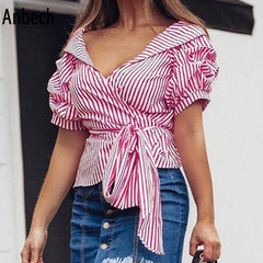 Judith Striped Wide V Neck Blouse