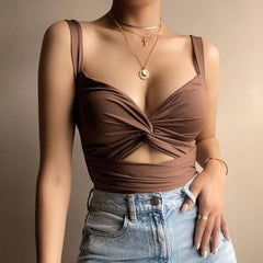 Serena Solid Twist Front Hollow Out Tank Top