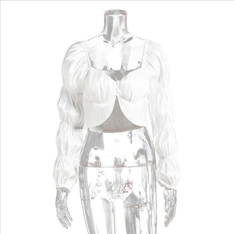 Asia Solid Satin Marie Sleeves Crop Top