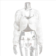 Asia Solid Satin Marie Sleeves Crop Top
