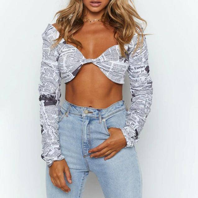 Kathriel Newspaper Print Long Sleeve Crop Top