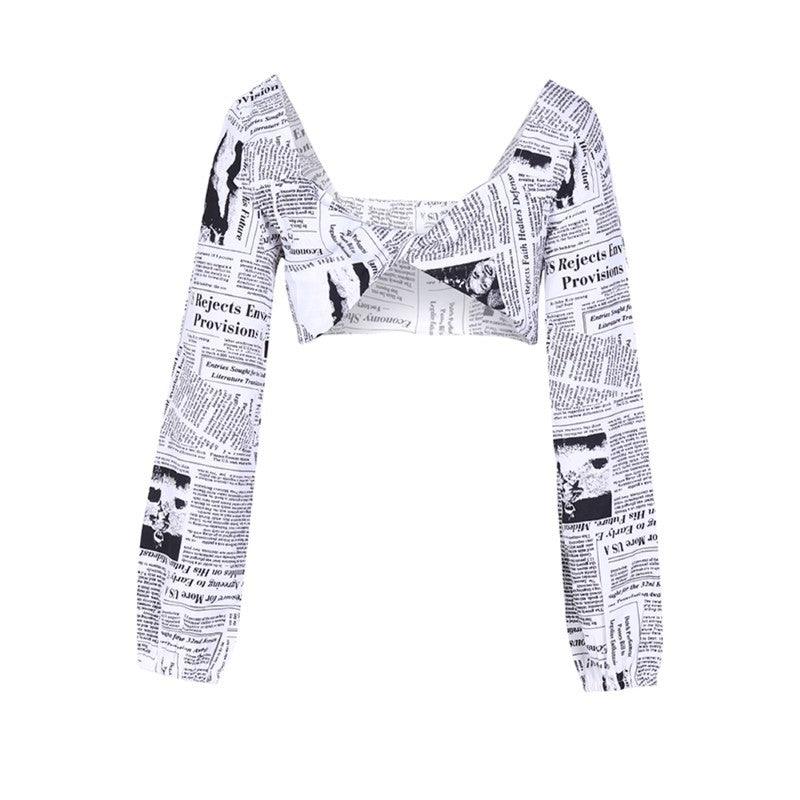 Kathriel Newspaper Print Long Sleeve Crop Top