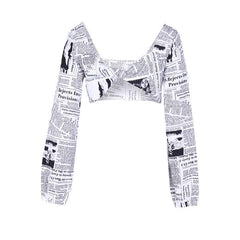 Kathriel Newspaper Print Long Sleeve Crop Top