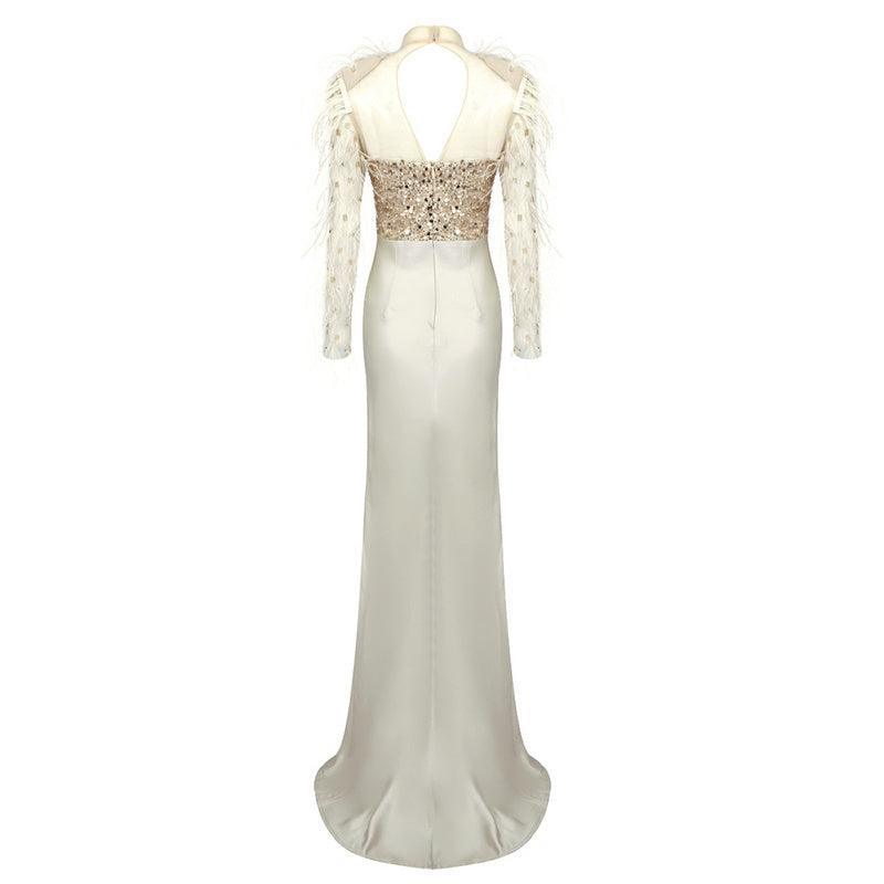 Janiyah Satin Beaded High Slit Maxi Dress