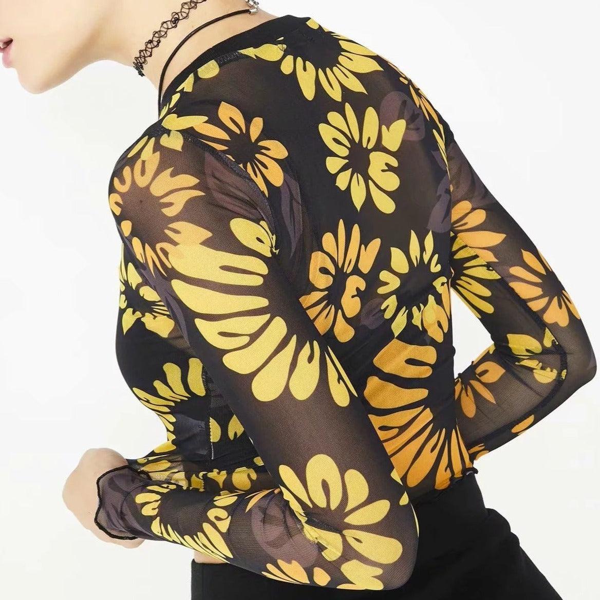 Jayda Allover Sunflower Print Sheer Crop Top