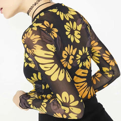 Jayda Allover Sunflower Print Sheer Crop Top