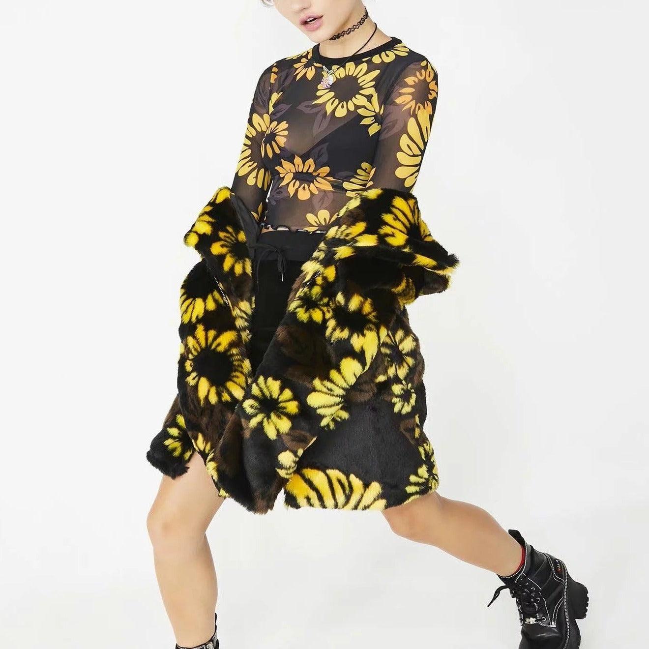 Jayda Allover Sunflower Print Sheer Crop Top