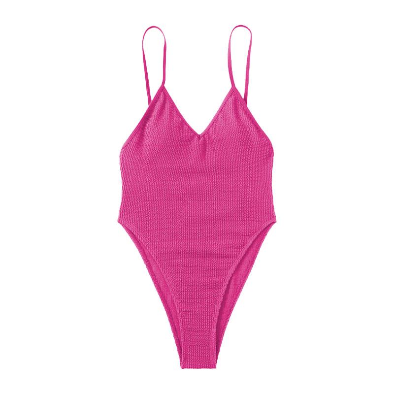 Textured v neck solid padded backless one piece swimwear