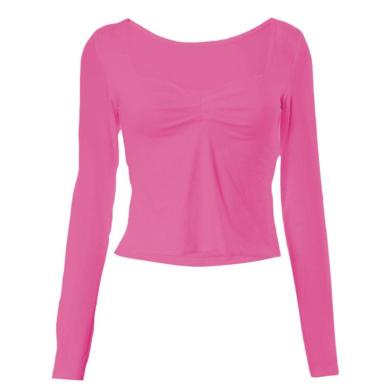 Square neck ruched long sleeve slit solid top