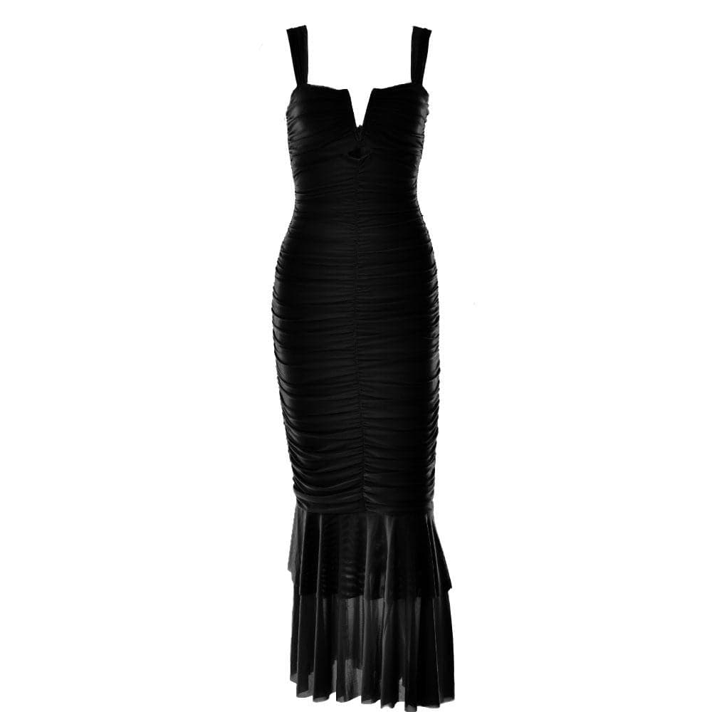 Solid ruched notch neck mesh zip-up ruffle maxi dress