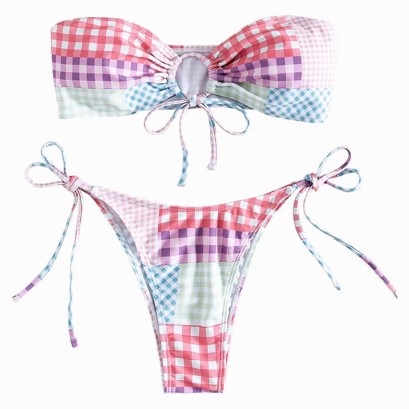 Plaid contrast print o ring self tie tube bikini swimwear