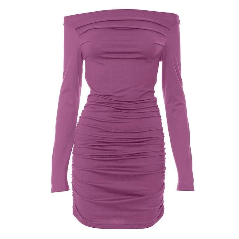 Off shoulder long sleeve ruched backless solid mini dress