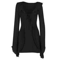 Ruffle long flared sleeve self tie chiffon solid mini dress