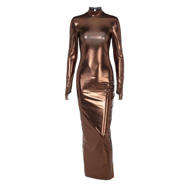 Metallic long sleeve high neck gloves backless ruched maxi dress