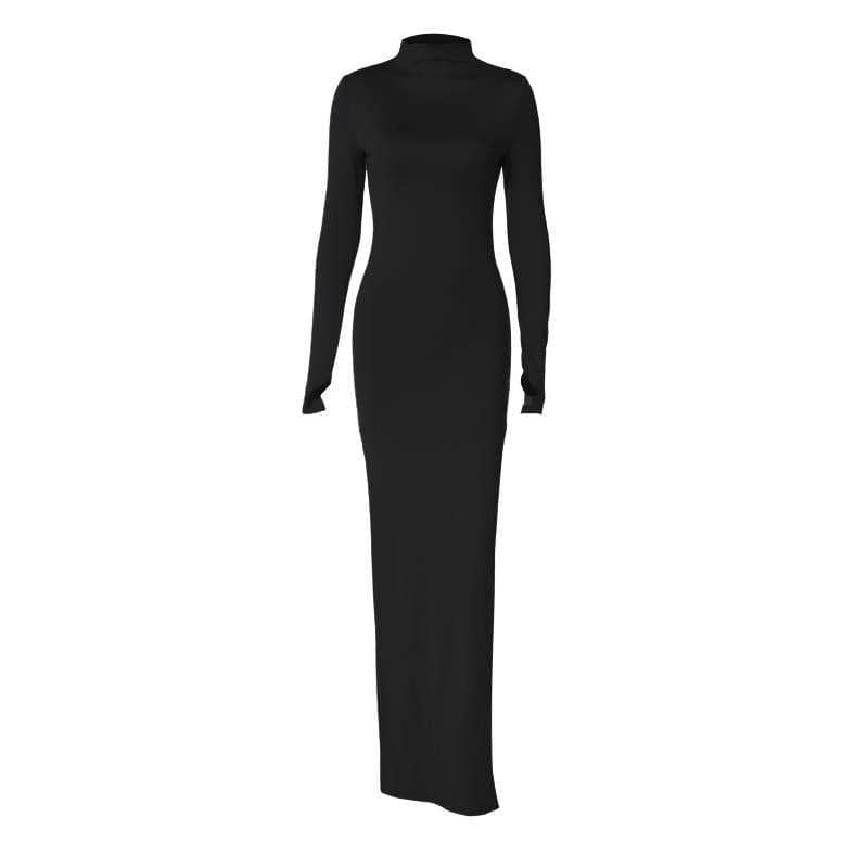 Slit long sleeve solid gloves high neck irregular maxi dress