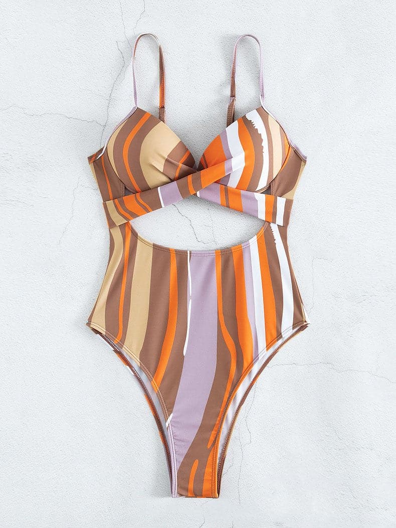 Contrast striped hollow out button padded one piece swimwear